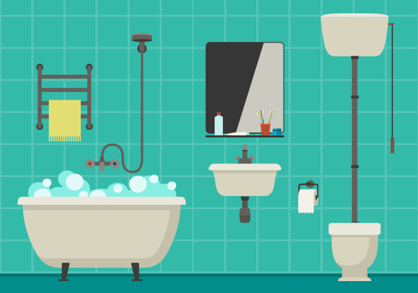 Bathroom flat illustration with toilet, sink and hygienic supplies. Vector banner of bathroom.