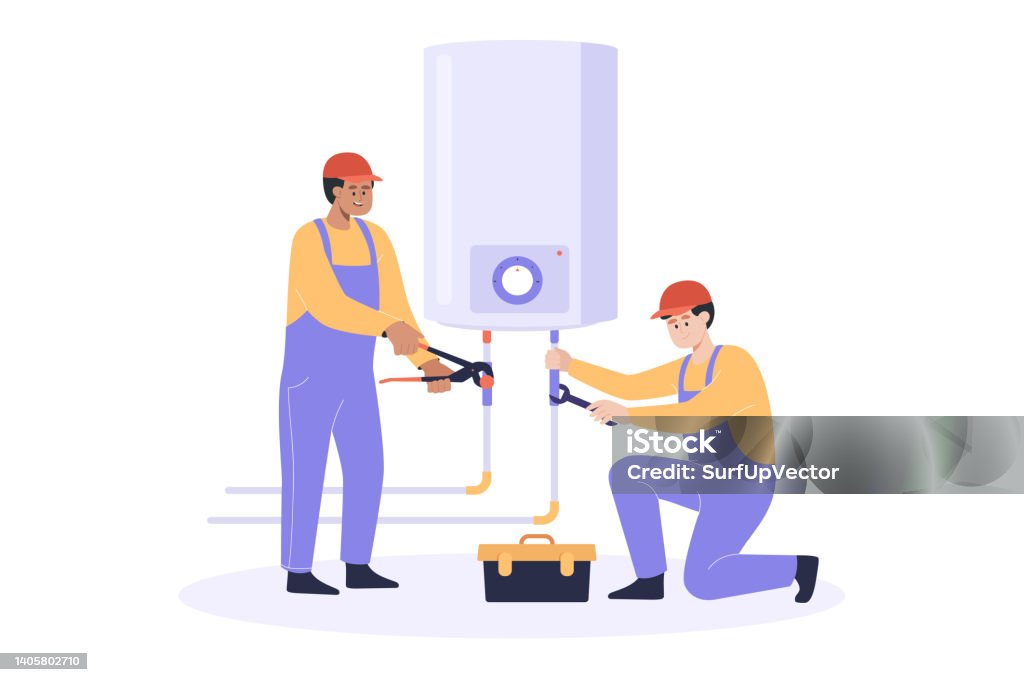 Workers repairing water heater flat vector illustration. Plumbers in overalls fixing tankless water supply or boiler in bathroom. Repair service, occupation, maintenance concept