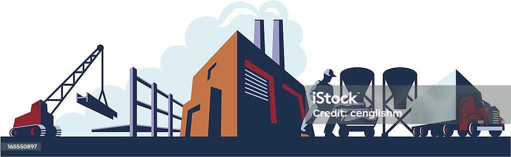 A retro-feel, high contrast vector illustration showing various industries like construction, manufacturing, and trucking. A working man is using a handcart to move bags of cement in front of a background featuring a crane, a construction site, a smoke-billowing factory and a semi.